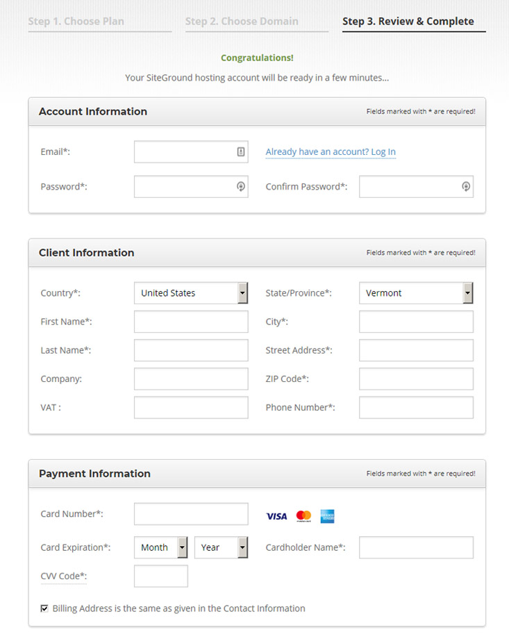 Start a blog - Account and payment information