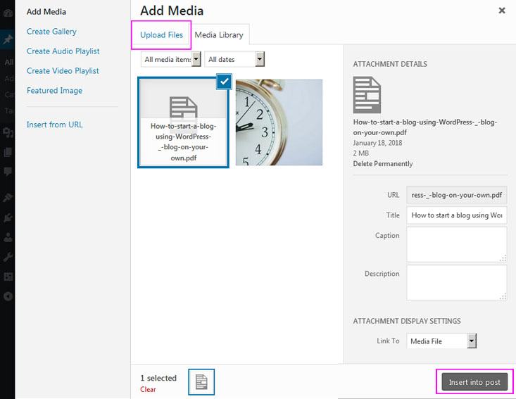 Create WP blog adding pdf file