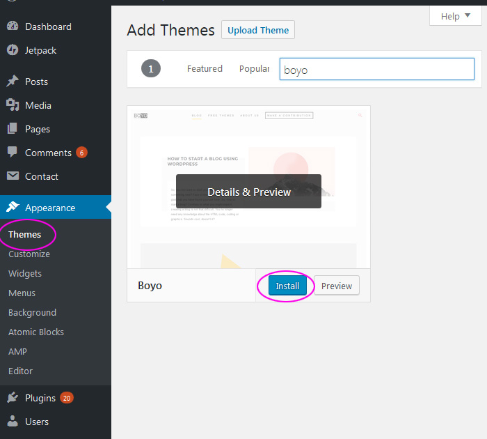Theme installation in WP