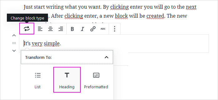 Writing a blog post - adding a heading in the new WordPress block editor