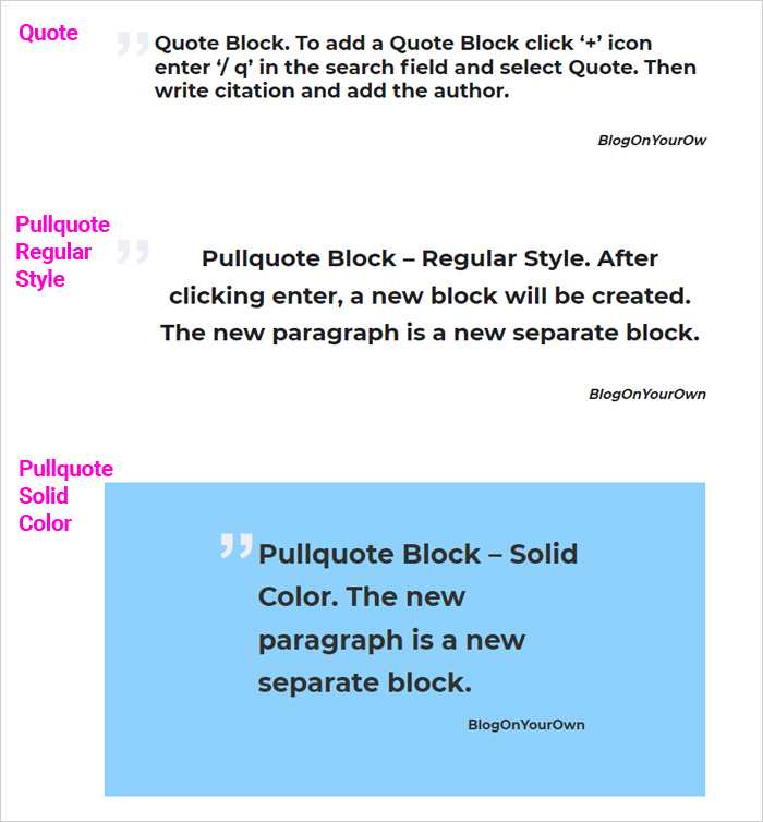 Quote and Pullquote Block in the Wp block editor