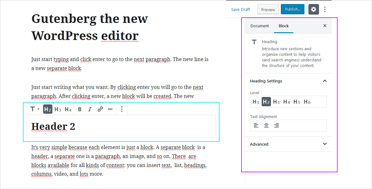 The new WP block editor - Gutenberg settings