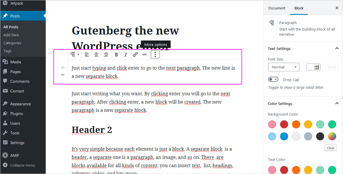 The New WP block editor - paragraph settings