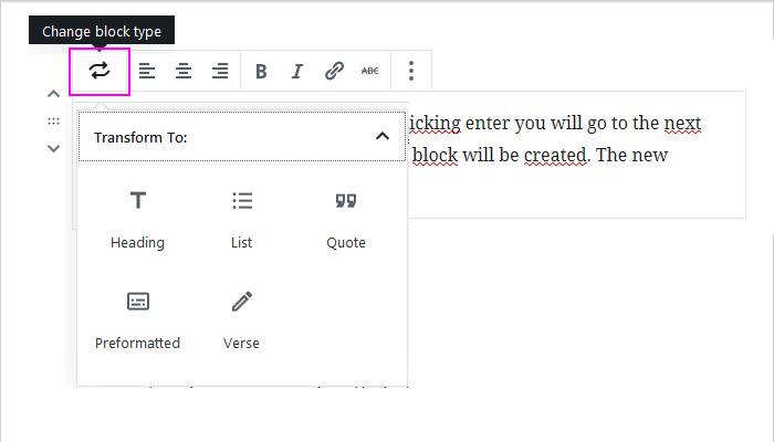 Text block in WordPress block editor