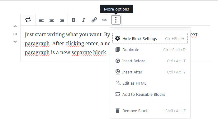 WordPress Block editor paragraph block settings