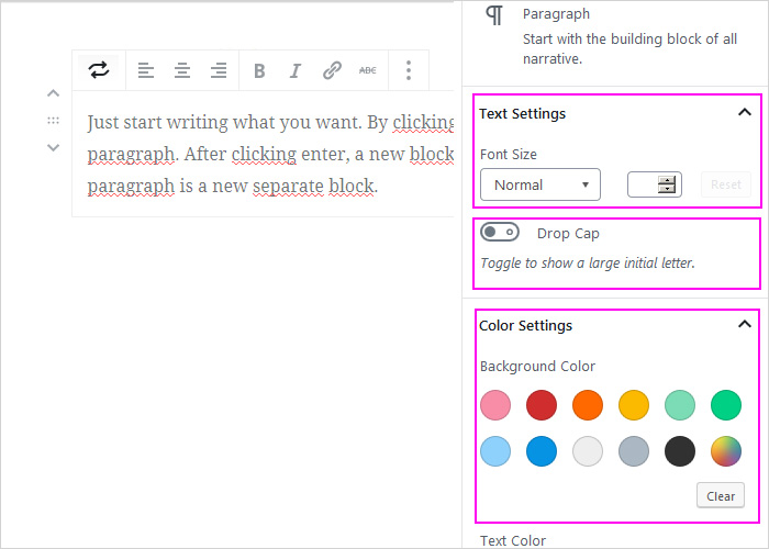 WordPress Block editor - block settings