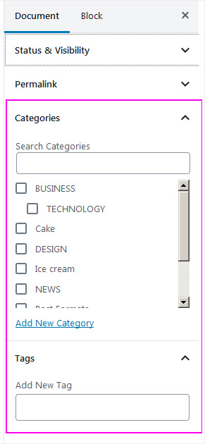Adding categies and tags in the block editor