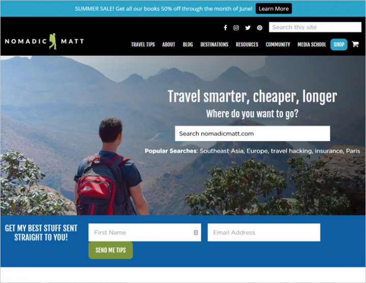 Nomadic Matt best travel blog in travel niche site screen shot