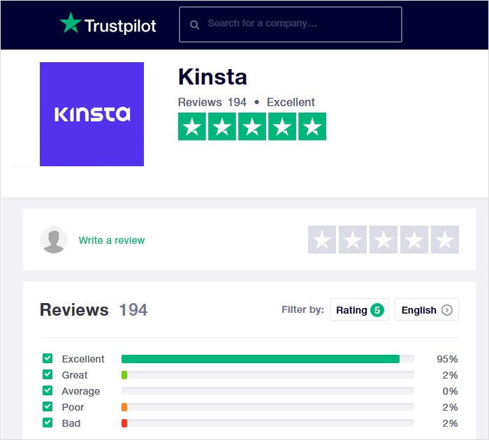 Kinsta reviews in Trustpilot