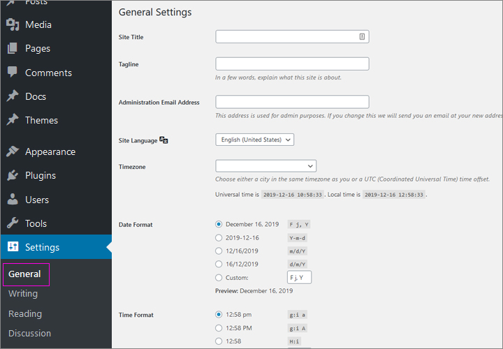 General Settings in WordPress