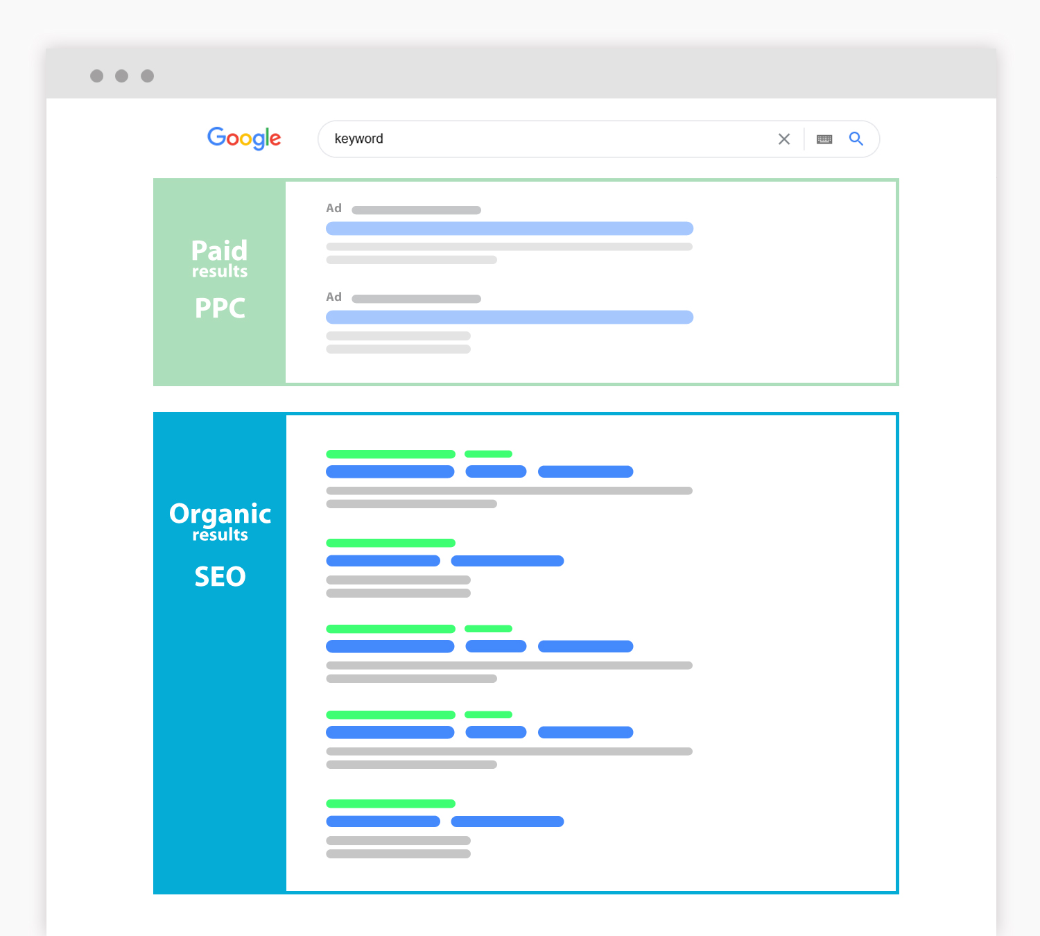 The image shows where the organic search results are located on the google website - illustrative image