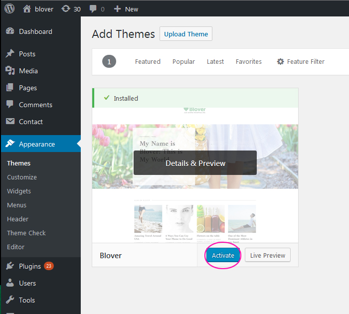 How to activate WP theme with Blover