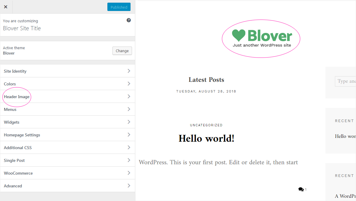 Start blog with Blover free theme - displaing header image