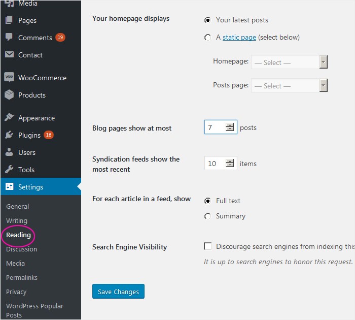 WordPress settings - reading